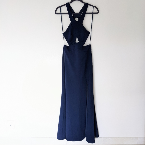 NEW BCBGMAXAZRIA Salome Navy Blue Halter Cross Front Slit Evening Gown Dress - Picture 2 of 9